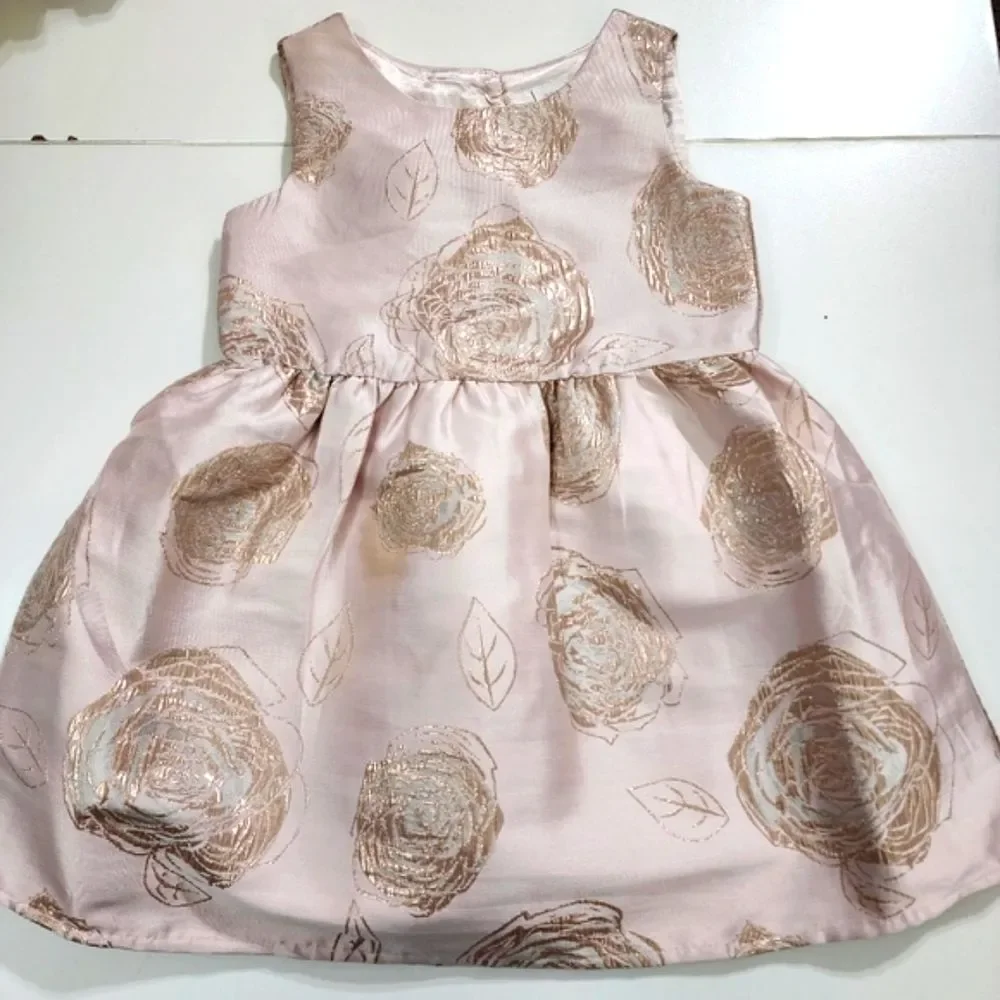 Girls Pink Rose Gold Brocade Jacquard Formal Flower Roses Dress Size 4t